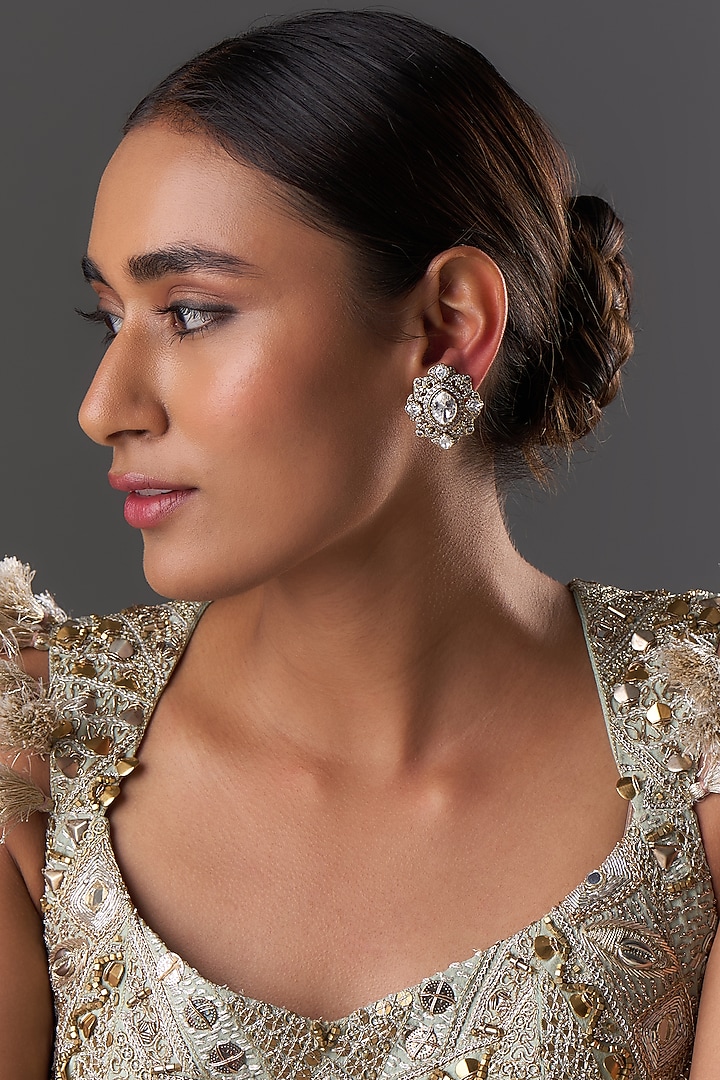 Gold Finish Kundan Polki & Zircon Stud Earrings by Moh-Maya by Disha Khatri at Pernia's Pop Up Shop