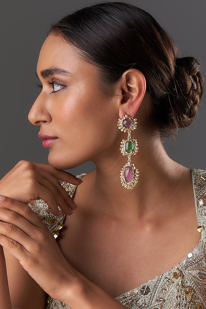 Gold Finish Multi-Colored Stone Dangler Earrings by Moh-Maya by Disha Khatri at Pernia's Pop Up Shop