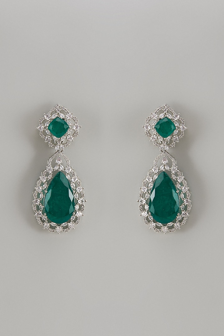 White Finish Zircon & Emerald Stone Dangler Earrings by Moh-Maya by Disha Khatri at Pernia's Pop Up Shop