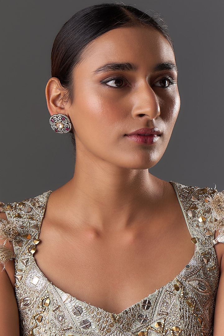 Black Rhodium Finish Kundan Polki & Ruby Stone Stud Earrings by Moh-Maya by Disha Khatri