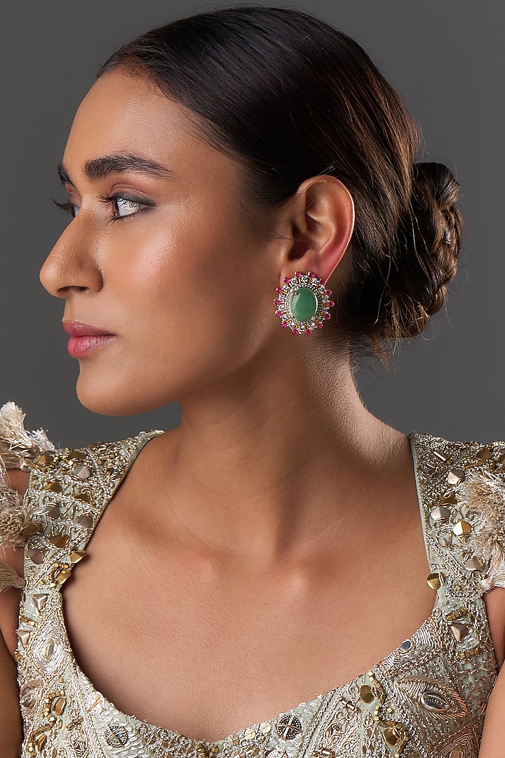 Gold Finish Red Zircon & Green Stone Dangler Earrings by Moh-Maya by Disha Khatri at Pernia's Pop Up Shop