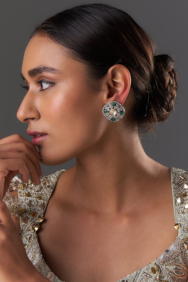 Black Rhodium Finish Kundan Polki & Emerald Stone Stud Earrings by Moh-Maya by Disha Khatri