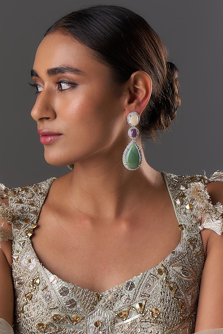 White Finish Zircon & Multi-Colored Stone Dangler Earrings by Moh-Maya by Disha Khatri