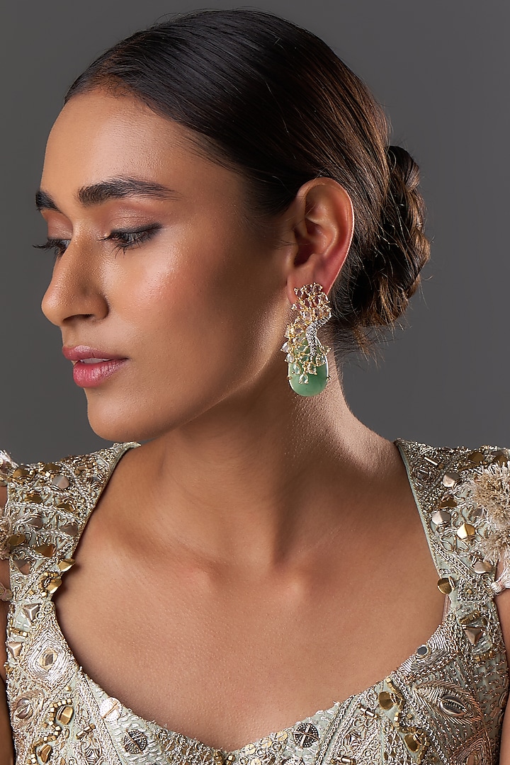 Gold Finish Zircon & Mint Green Stone Dangler Earrings by Moh-Maya by Disha Khatri