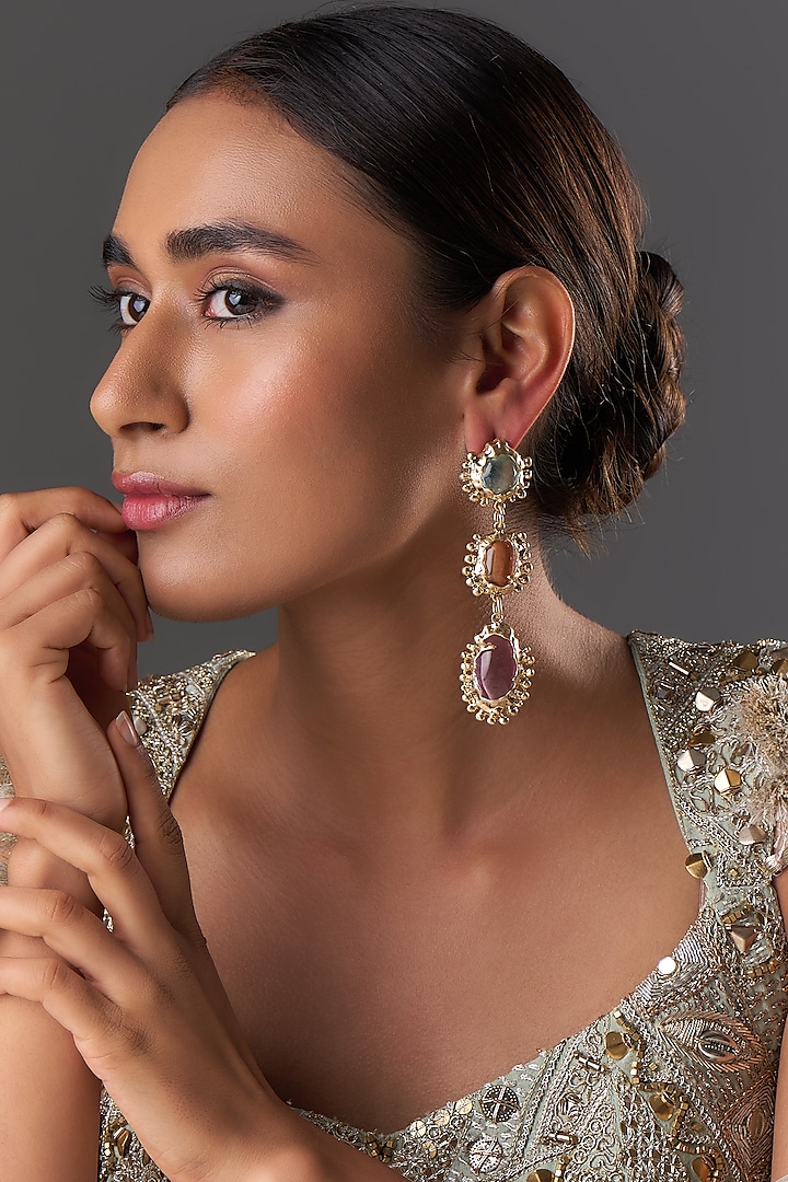 Gold Finish Multi-Colored Stone Dangler Earrings by Moh-Maya by Disha Khatri