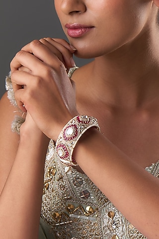 Gold Finish Kundan Polki & Ruby Stone Bangle by Moh-Maya by Disha Khatri