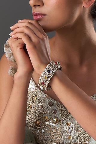 Gold Finish Kundan Polki & Multi-Colored Stone Bangle by Moh-Maya by Disha Khatri