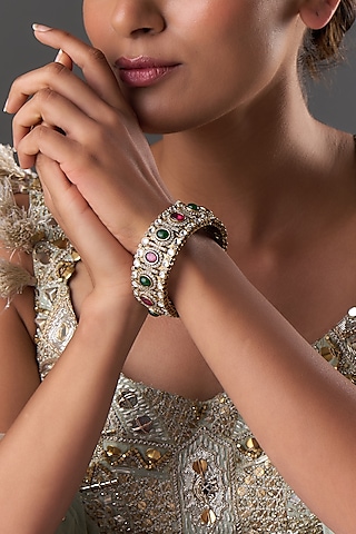 Gold Finish Ruby & Emerald Stone Bangle by Moh-Maya by Disha Khatri