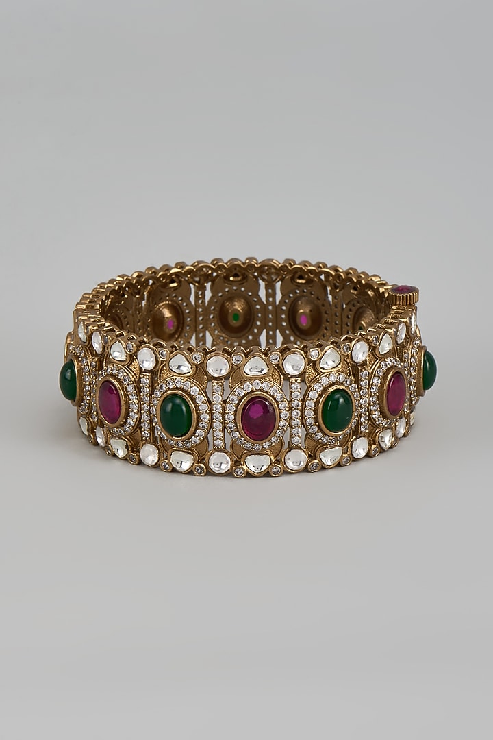 Gold Finish Ruby & Emerald Stone Bangle by Moh-Maya by Disha Khatri at Pernia's Pop Up Shop