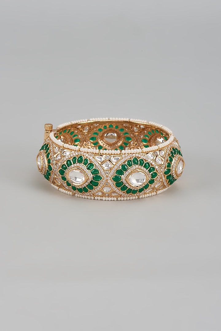 Gold Finish Kundan Polki & Emerald Stone Bangle by Moh-Maya by Disha Khatri at Pernia's Pop Up Shop