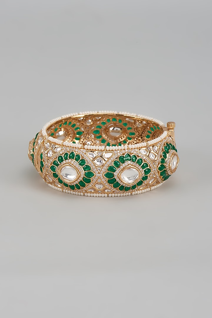Gold Finish Kundan Polki & Emerald Stone Bangle by Moh-Maya by Disha Khatri at Pernia's Pop Up Shop