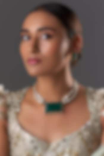 Gold Finish Kundan Polki & Emerald Stone Necklace Set by Moh-Maya by Disha Khatri