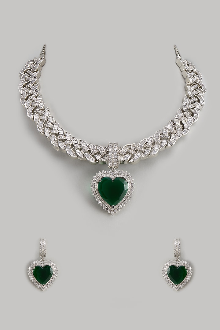 White Finish Zircon & Emerald Stone Choker Necklace Set by Moh-Maya by Disha Khatri at Pernia's Pop Up Shop