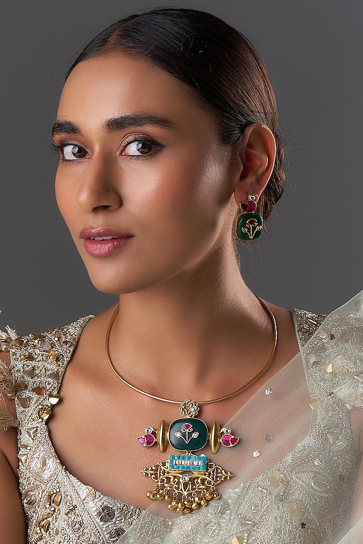 Gold Finish Kundan Polki & Multi-Colored Stone Choker Necklace Set by Moh-Maya by Disha Khatri