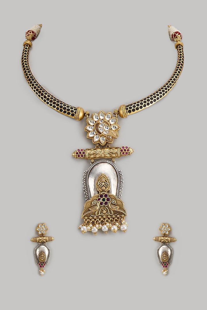 Two Tone Finish Kundan Polki & Pearl Long Necklace Set by Moh-Maya by Disha Khatri at Pernia's Pop Up Shop