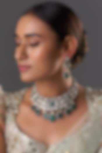 Gold Finish Kundan Polki & Emerald Stone Long Necklace Set by Moh-Maya by Disha Khatri