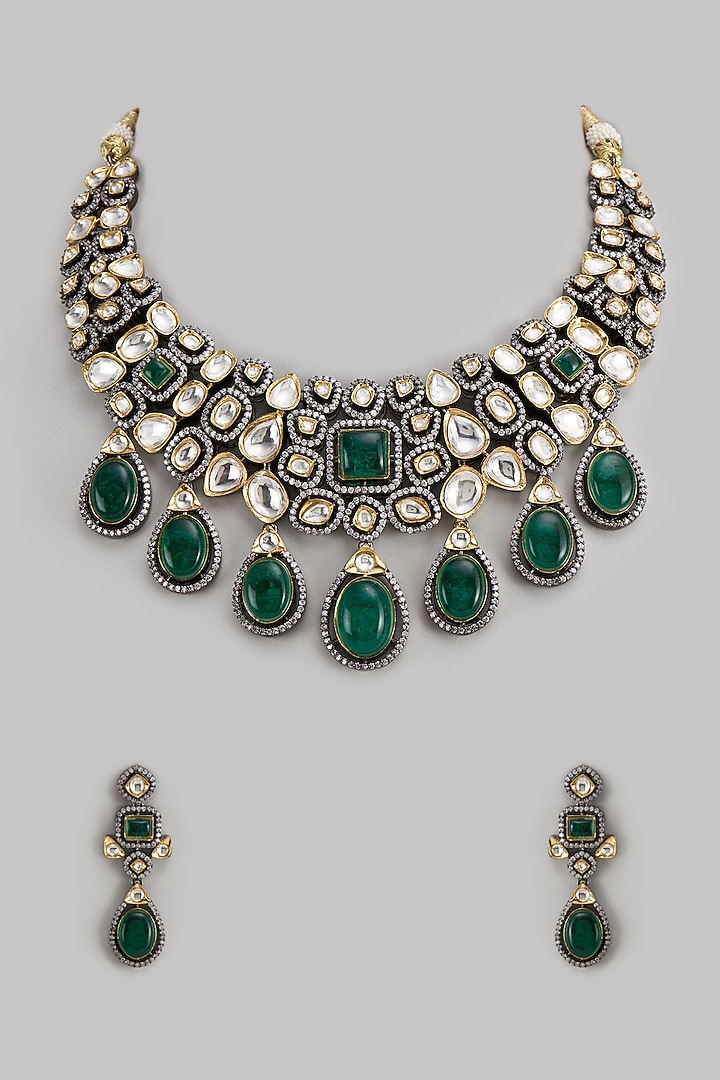 Gold Finish Kundan Polki & Emerald Stone Long Necklace Set by Moh-Maya by Disha Khatri at Pernia's Pop Up Shop