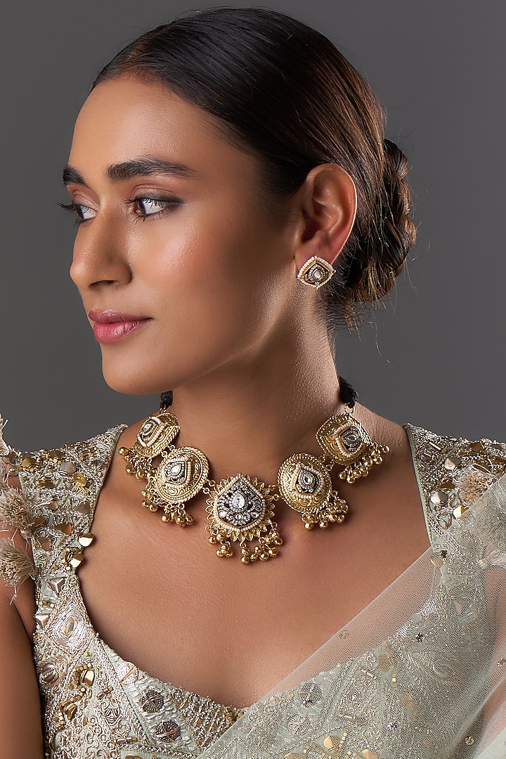 Gold Finish Kundan Polki Choker Necklace Set by Moh-Maya by Disha Khatri at Pernia's Pop Up Shop