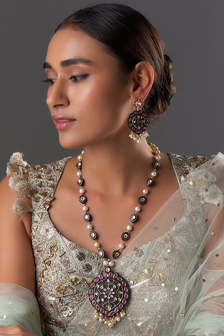 Gold Finish Kundan Polki & Pearl Meenakari Long Necklace Set by Moh-Maya by Disha Khatri