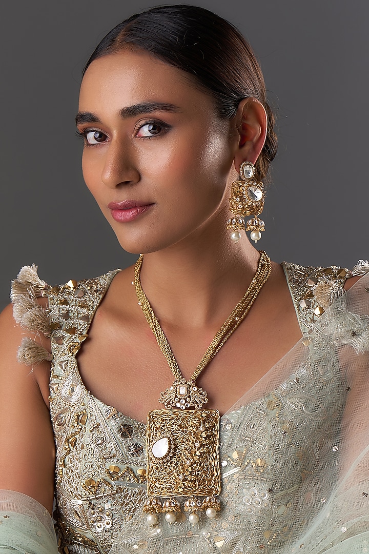 Gold Finish Kundan Polki & Pearl Long Necklace Set by Moh-Maya by Disha Khatri at Pernia's Pop Up Shop