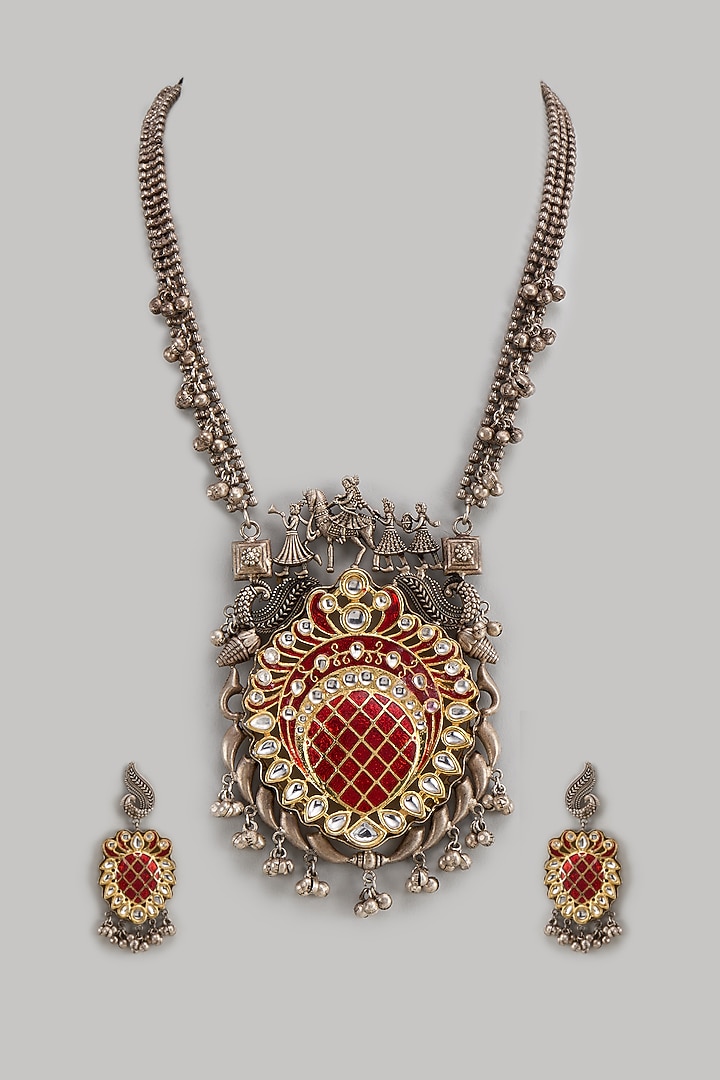 Two-Tone Finish Kundan Polki Red Meenakari Long Necklace Set by Moh-Maya by Disha Khatri at Pernia's Pop Up Shop