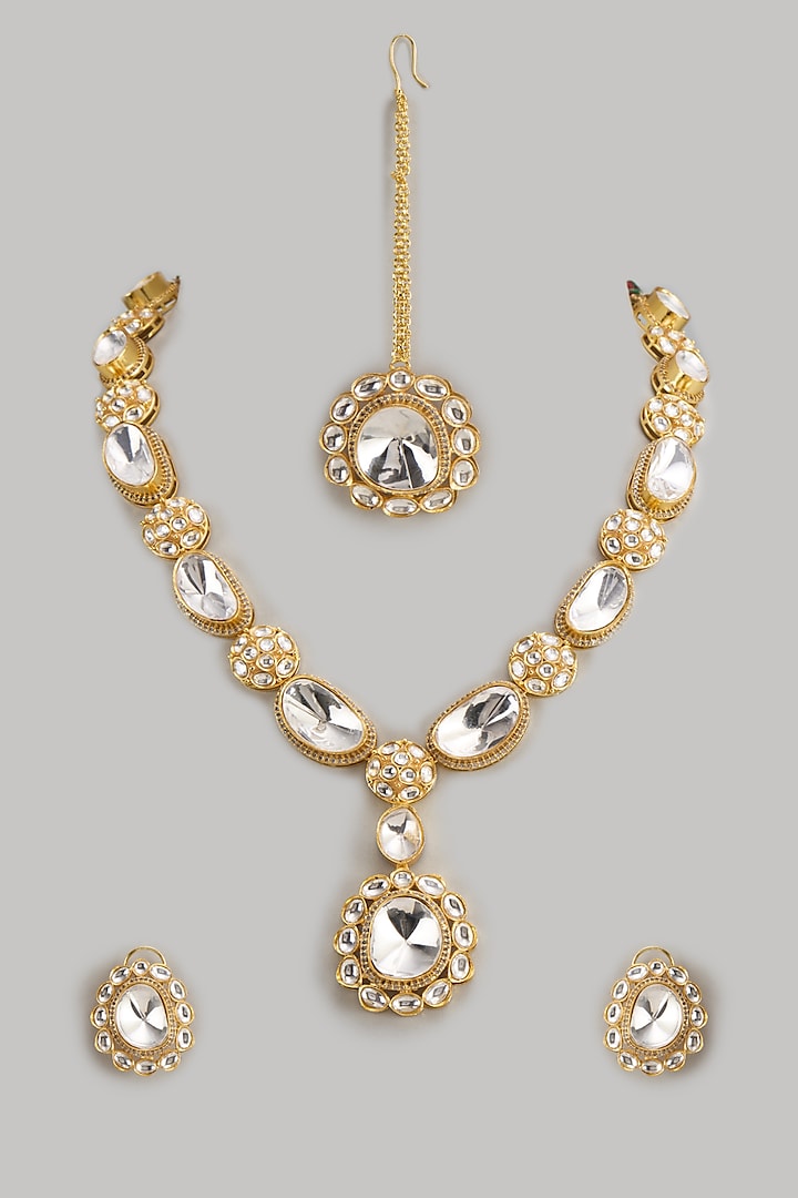 Gold Finish Kundan Polki Long Necklace Set by Moh-Maya by Disha Khatri at Pernia's Pop Up Shop