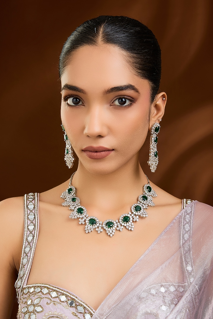 White Finish Green Stone Necklace Set by Moh-Maya by Disha Khatri at Pernia's Pop Up Shop