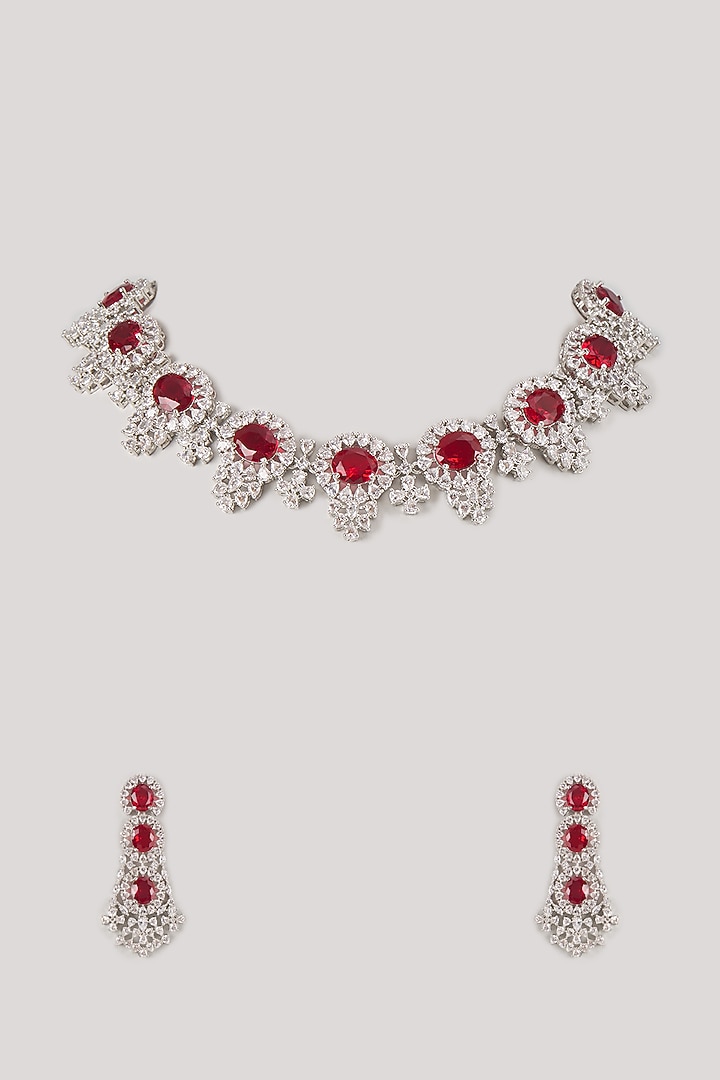 Silver Finish Zircon & Ruby Stone Long Necklace Set by Moh-Maya by Disha Khatri at Pernia's Pop Up Shop