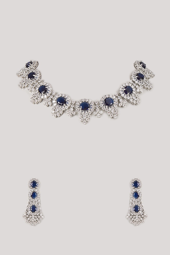 Silver Finish Zircon & Amethyst Stone Long Necklace Set by Moh-Maya by Disha Khatri at Pernia's Pop Up Shop