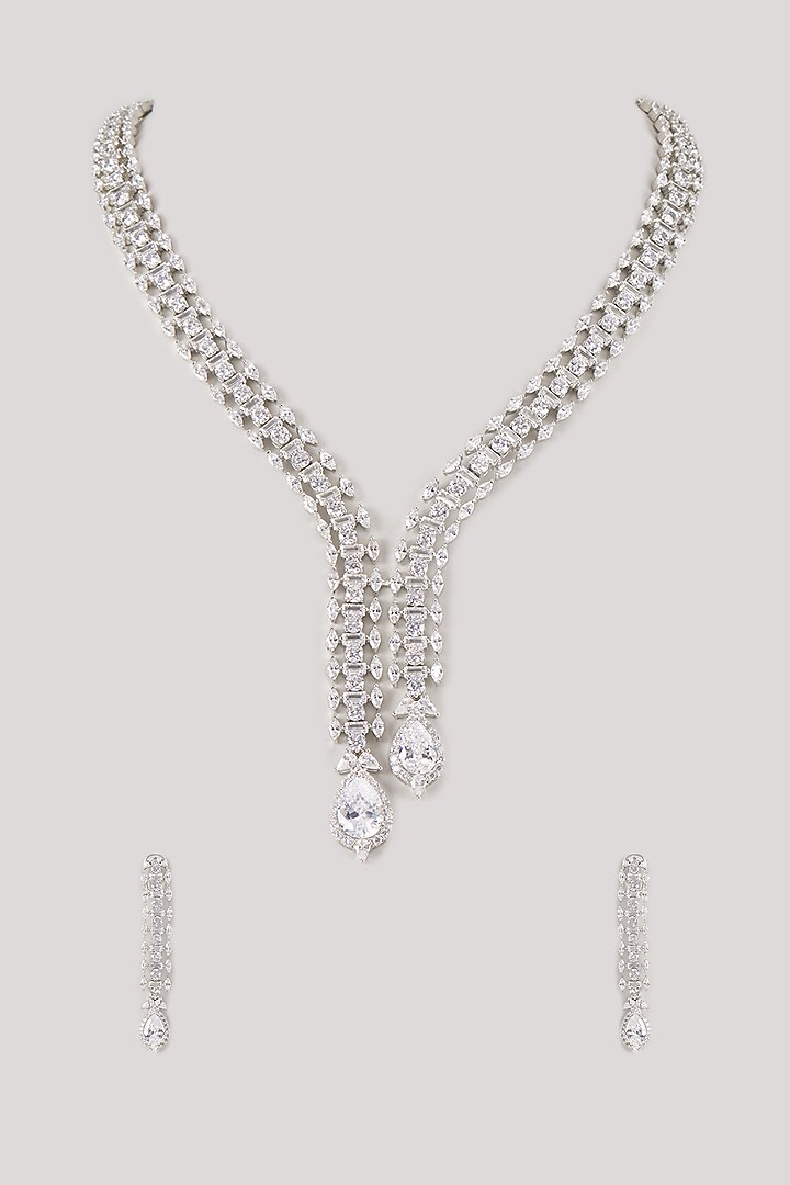 Silver Finish Zircon Long Necklace Set by Moh-Maya by Disha Khatri at Pernia's Pop Up Shop