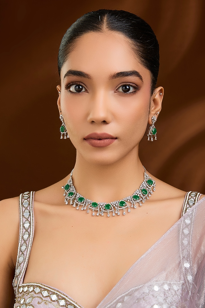 White Finish Green Stone Necklace Set by Moh-Maya by Disha Khatri at Pernia's Pop Up Shop