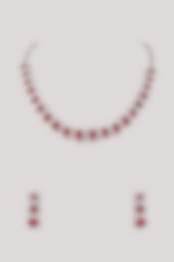 Silver Finish Zircon & Ruby Stone Long Necklace Set by Moh-Maya by Disha Khatri at Pernia's Pop Up Shop