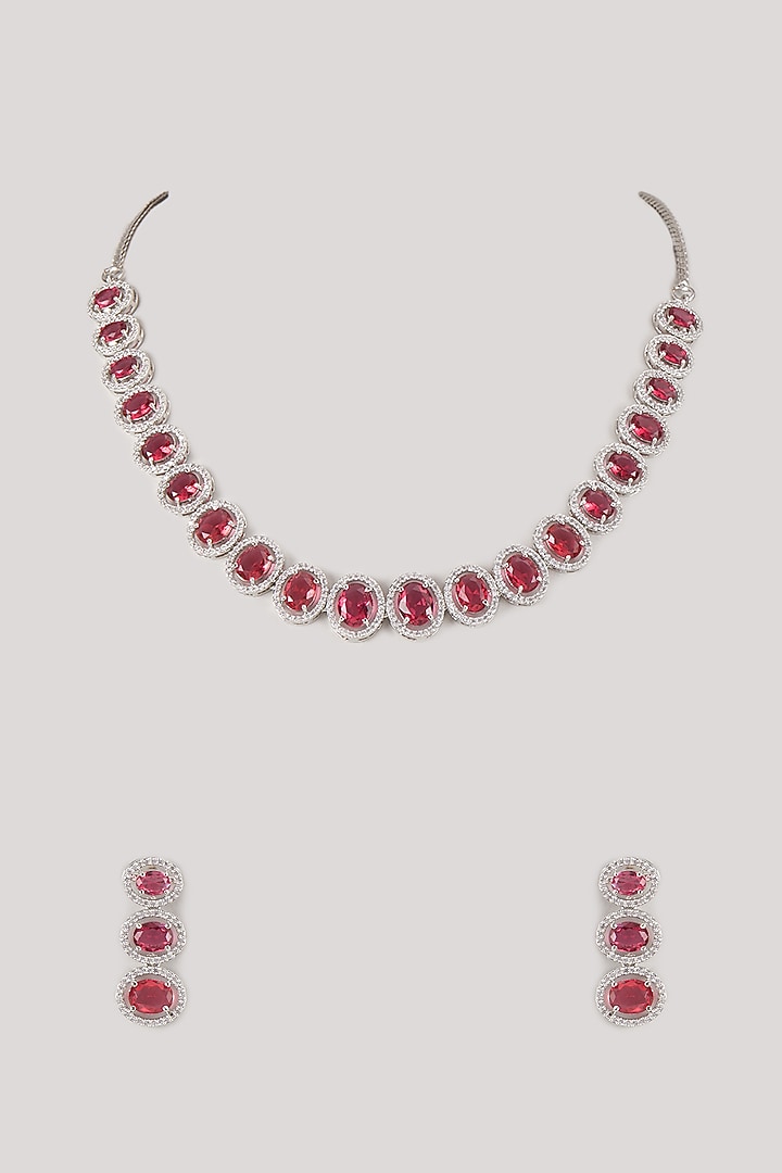 Silver Finish Zircon & Ruby Stone Long Necklace Set by Moh-Maya by Disha Khatri at Pernia's Pop Up Shop