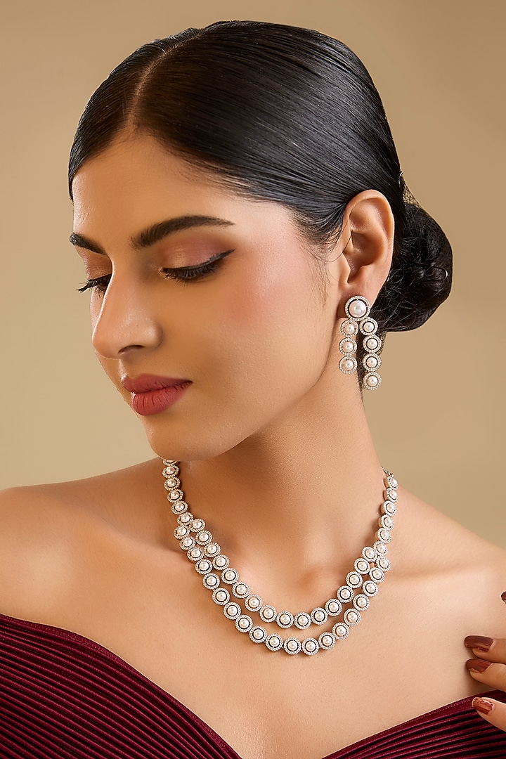 Silver Finish Zircon & Pearl Layered Necklace Set by Moh-Maya by Disha Khatri at Pernia's Pop Up Shop