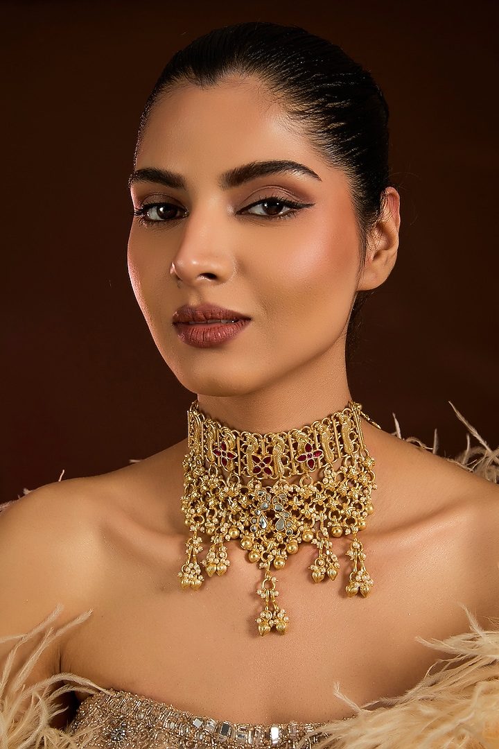 Gold Finish Ruby & Carved Beaded Choker Necklace by Moh-Maya by Disha Khatri at Pernia's Pop Up Shop