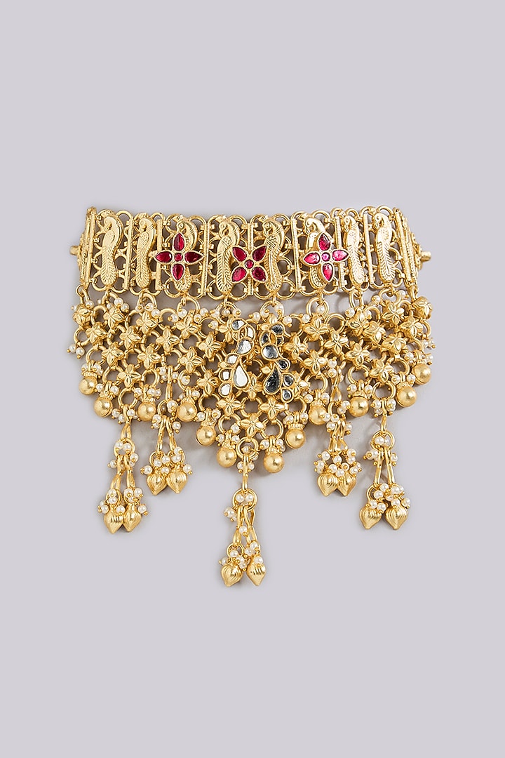 Gold Finish Ruby & Carved Beaded Choker Necklace by Moh-Maya by Disha Khatri at Pernia's Pop Up Shop