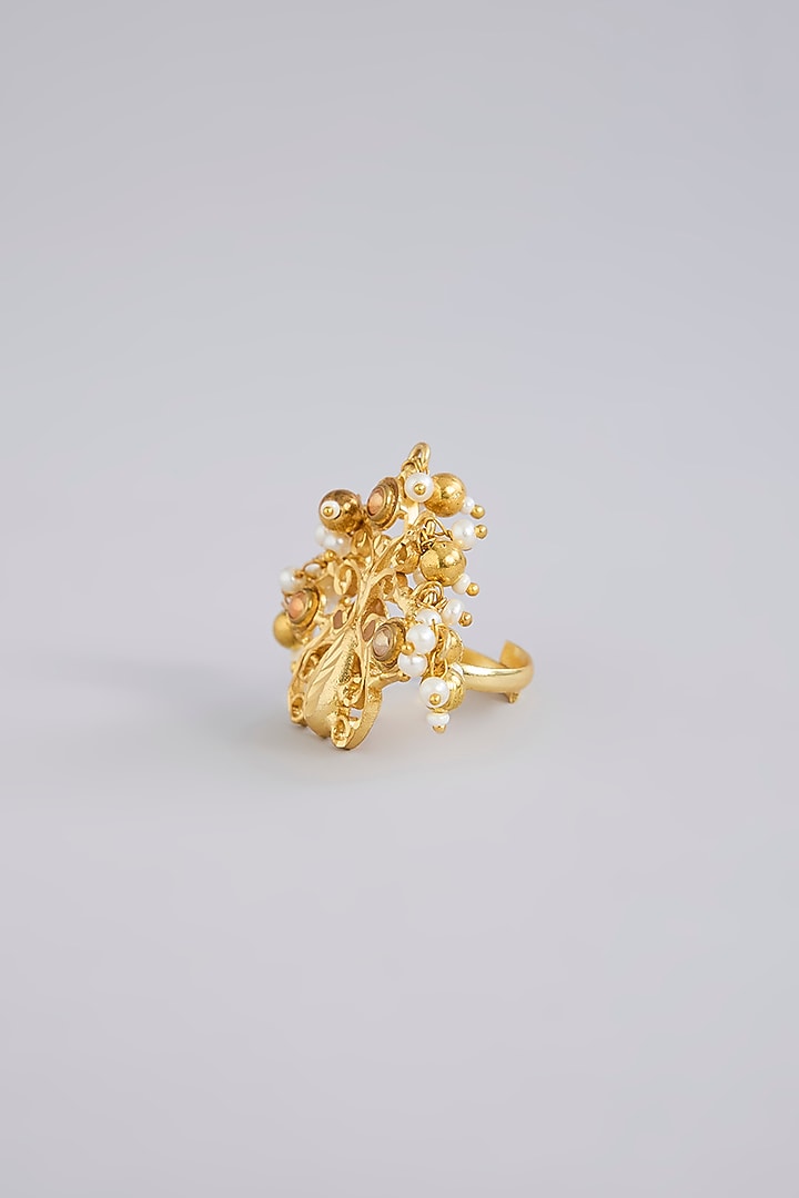 Gold Finish Pearl Ring by Moh-Maya by Disha Khatri at Pernia's Pop Up Shop