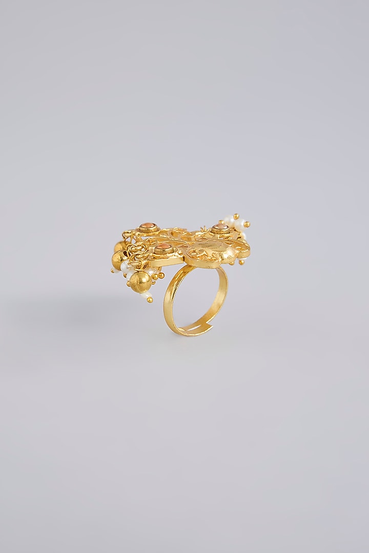 Gold Finish Pearl Ring by Moh-Maya by Disha Khatri at Pernia's Pop Up Shop