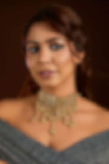 Gold Finish Emerald & Carved Beaded Choker Necklace by Moh-Maya by Disha Khatri at Pernia's Pop Up Shop