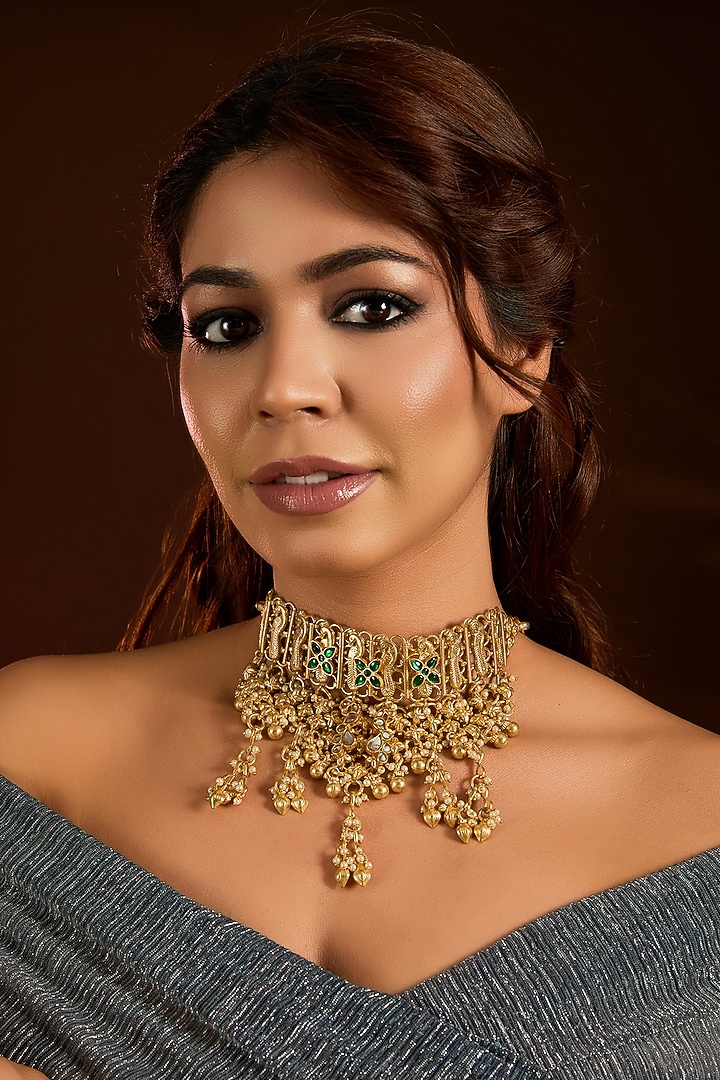 Gold Finish Emerald & Carved Beaded Choker Necklace by Moh-Maya by Disha Khatri at Pernia's Pop Up Shop