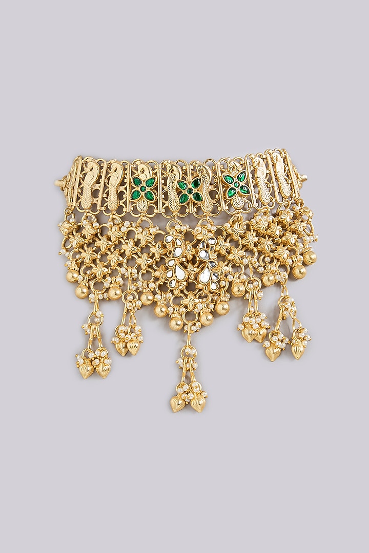 Gold Finish Emerald & Carved Beaded Choker Necklace by Moh-Maya by Disha Khatri at Pernia's Pop Up Shop