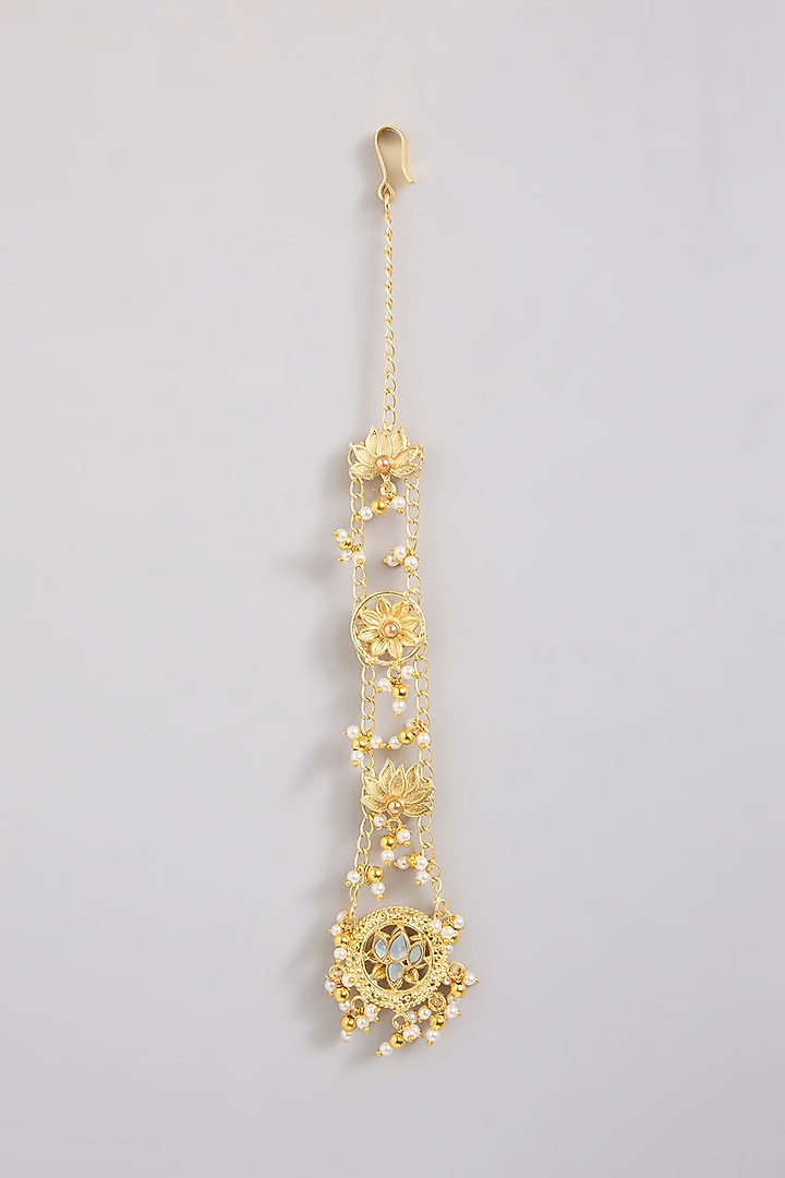 Gold Finish Mother Of Pearl Maangtikka by Moh-Maya by Disha Khatri at Pernia's Pop Up Shop