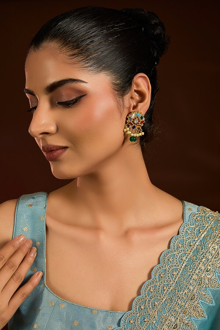 Gold Finish Navratna Stone Stud Earrings by Moh-Maya by Disha Khatri at Pernia's Pop Up Shop