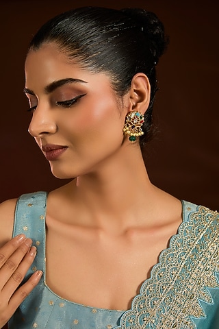 Gold Finish Navratna Stone Stud Earrings by Moh-Maya by Disha Khatri