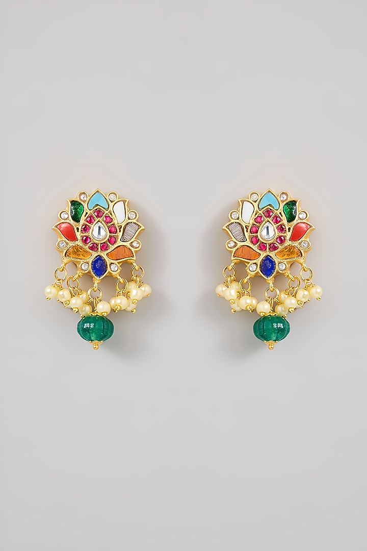Gold Finish Navratna Stone Stud Earrings by Moh-Maya by Disha Khatri at Pernia's Pop Up Shop