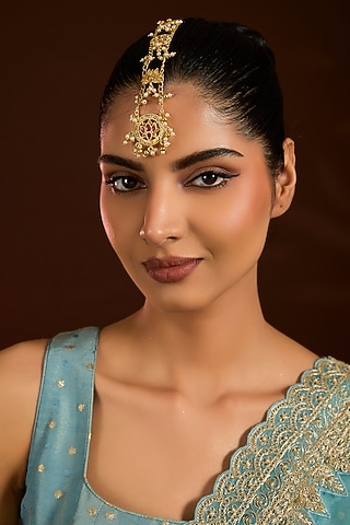 Gold Finish Ruby Stone Maang Tikka by Moh-Maya by Disha Khatri