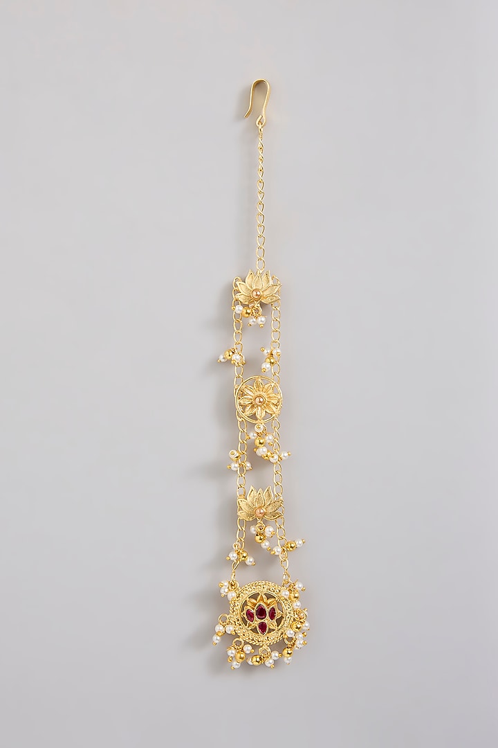 Gold Finish Ruby Stone Maang Tikka by Moh-Maya by Disha Khatri at Pernia's Pop Up Shop