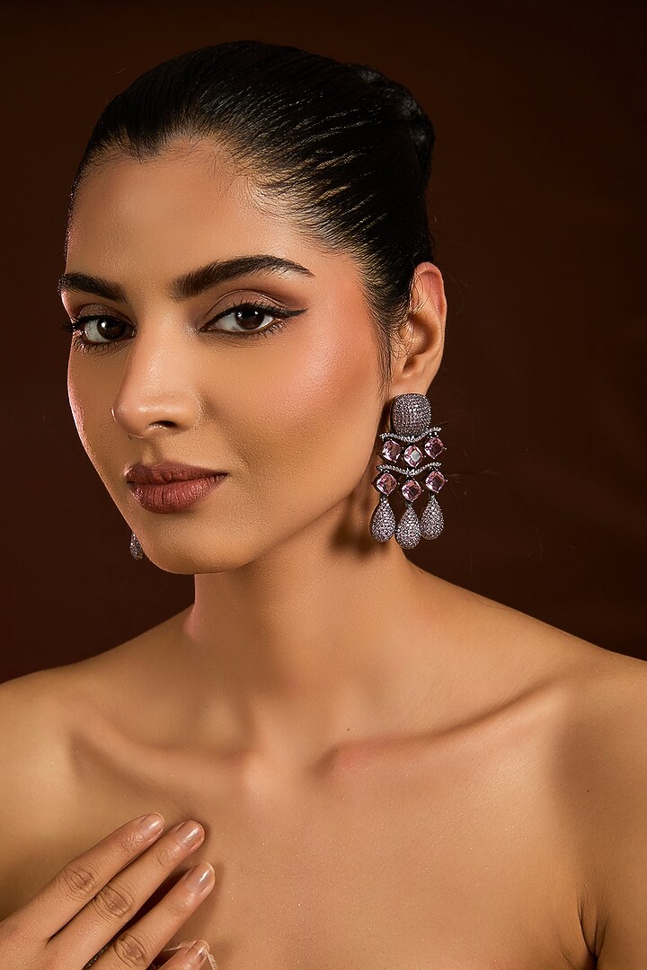 Black Rhodium Finish Zircon & Purple Amethyst Dangler Earrings by Moh-Maya by Disha Khatri at Pernia's Pop Up Shop