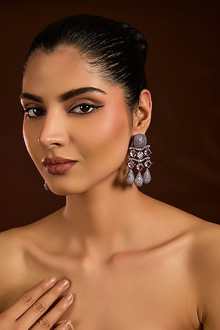 Black Rhodium Finish Zircon & Purple Amethyst Dangler Earrings by Moh-Maya by Disha Khatri