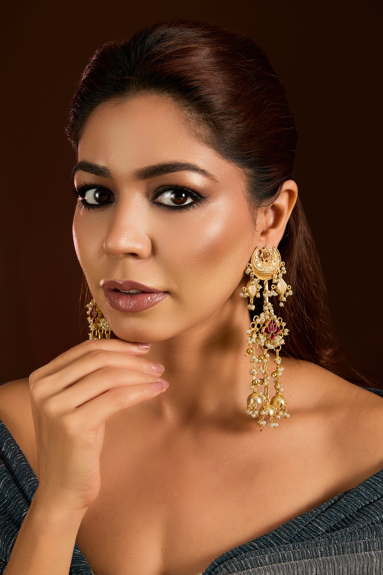 Moh-Maya by Disha Khatri Gold Finish Ruby Stone & Pearl Dangler Earrings